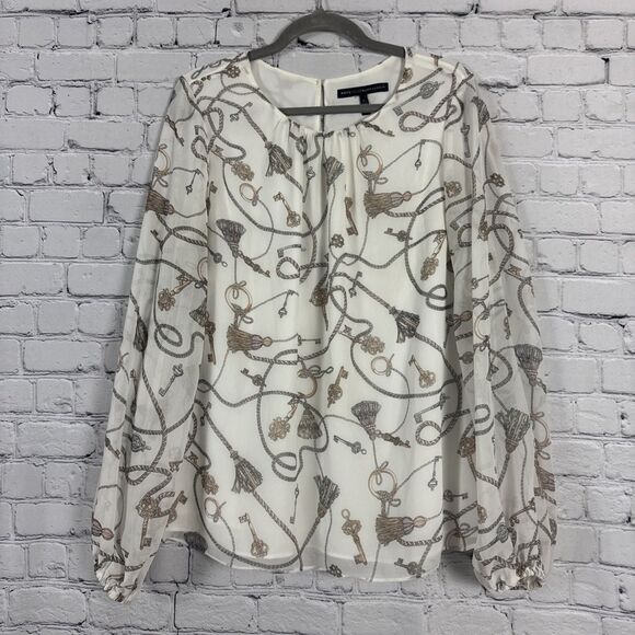 White House Black Market Tops - White House Black Market Cream Chain Print Long Sleeve Chiffon Blouse Women's L